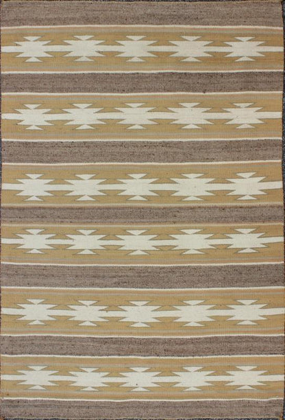 Vintage USA Navajo Flat - Weave in Earthy Tones 1950s American Navajo Kilim with geometric design in muted marigold, grey and ivory rug EBD - 1018, country of origin / type: America / Navajo, circa 1950 This intriguing antique Navajo Kilim, c... - Keivan Woven ArtsEBD - 1018 - 6556Rug