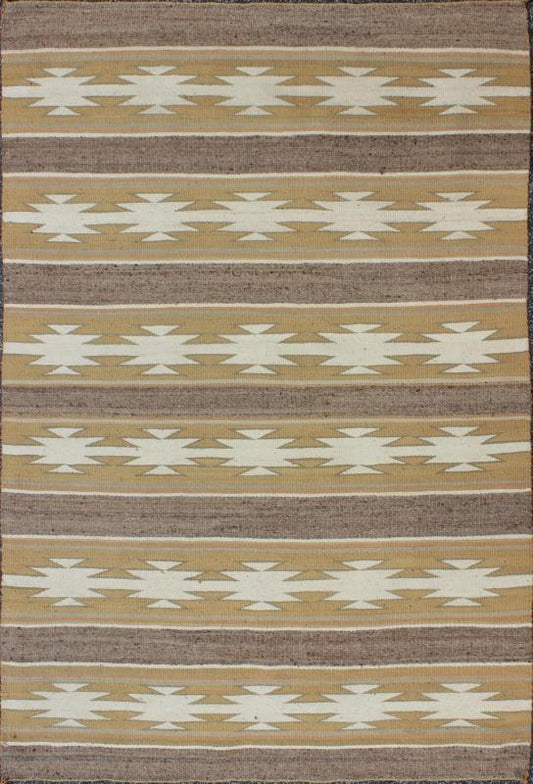 Vintage USA Navajo Flat - Weave in Earthy Tones 1950s American Navajo Kilim with geometric design in muted marigold, grey and ivory rug EBD - 1018, country of origin / type: America / Navajo, circa 1950 This intriguing antique Navajo Kilim, c... - Keivan Woven ArtsEBD - 1018 - 6556Rug