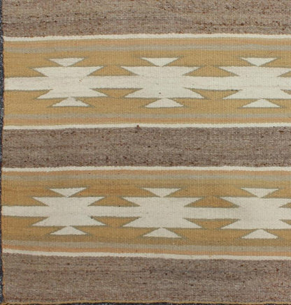 Vintage USA Navajo Flat - Weave in Earthy Tones 1950s American Navajo Kilim with geometric design in muted marigold, grey and ivory rug EBD - 1018, country of origin / type: America / Navajo, circa 1950 This intriguing antique Navajo Kilim, c... - Keivan Woven ArtsEBD - 1018 - 6556Rug