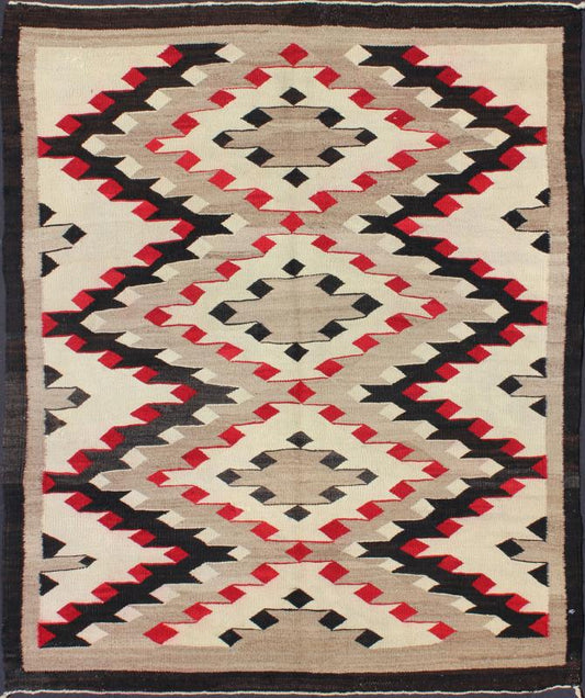Vintage Navajo Rug with All Over Geometric in Gray, Red, Black and Cream This intriguing vintage Navajo rug was woven in the United States during the first half of the 20th century. The exciting and unique composition boasts a captivating geomet... - Keivan Woven ArtsEBD - 1022 - 6560Rug