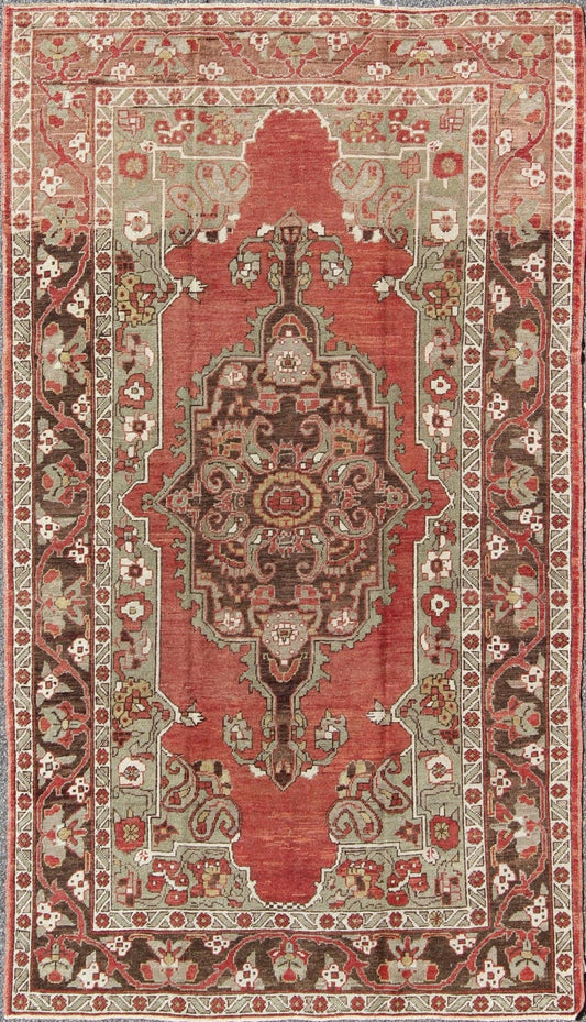 Antique Turkish Oushak Carpet with Medallion in Soft Red, Green and Brown. Antique Turkish Oushak Carpet with Medallion in Soft Red, Green and Brown. Rug/EL - 12265. Antique Oushak, Antique Turkish Rug This lovely antique Turkish Oushak rug displa... - Keivan Woven ArtsEL - 12265 - 968Rug