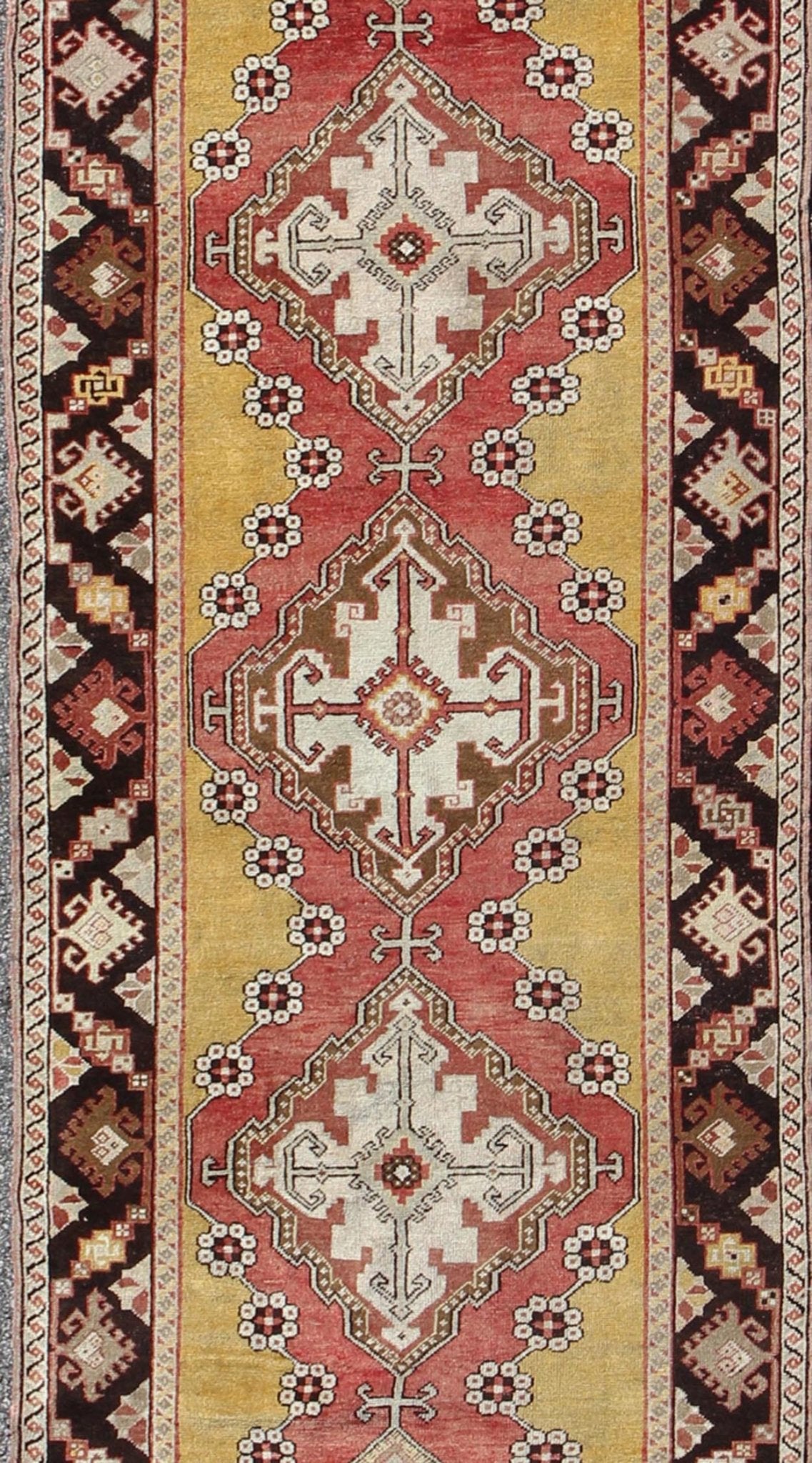 Antique Turkish Oushak Long Runner with Medallions in Brown and Goldish Yellow. Salmon, Brown and Goldish Yellow antique Turkish Oushak runner with medallions, rug EL - 13005, country of origin / type: Turkey / Oushak, circa 1930 This antique ... - Keivan Woven ArtsEL - 13005 - 1450Rug