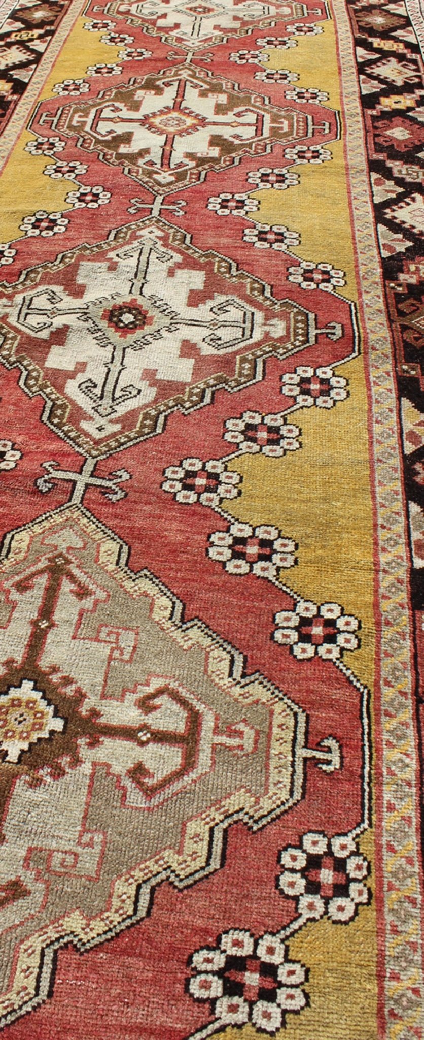 Antique Turkish Oushak Long Runner with Medallions in Brown and Goldish Yellow. Salmon, Brown and Goldish Yellow antique Turkish Oushak runner with medallions, rug EL - 13005, country of origin / type: Turkey / Oushak, circa 1930 This antique ... - Keivan Woven ArtsEL - 13005 - 1450Rug