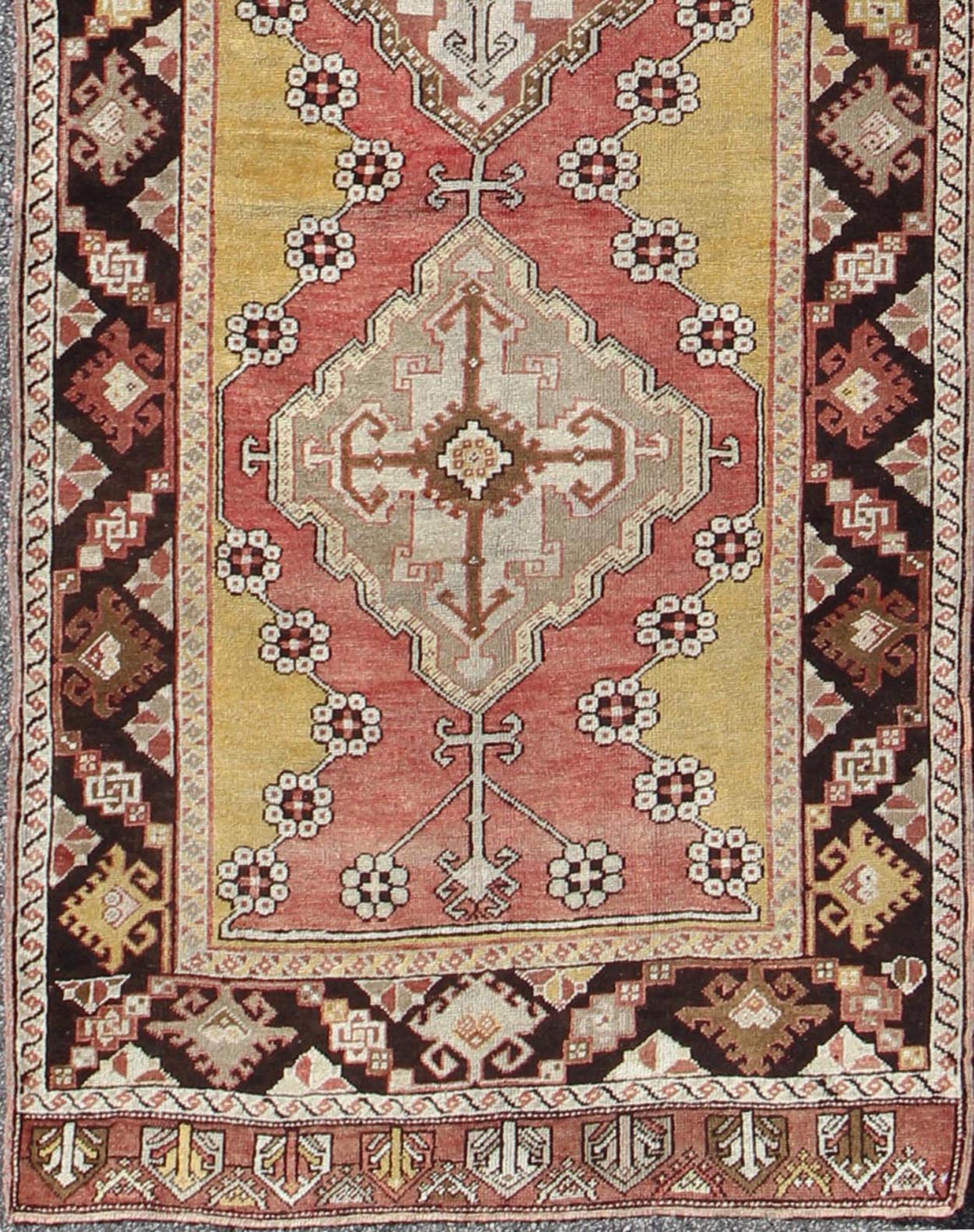 Antique Turkish Oushak Long Runner with Medallions in Brown and Goldish Yellow. Salmon, Brown and Goldish Yellow antique Turkish Oushak runner with medallions, rug EL - 13005, country of origin / type: Turkey / Oushak, circa 1930 This antique ... - Keivan Woven ArtsEL - 13005 - 1450Rug