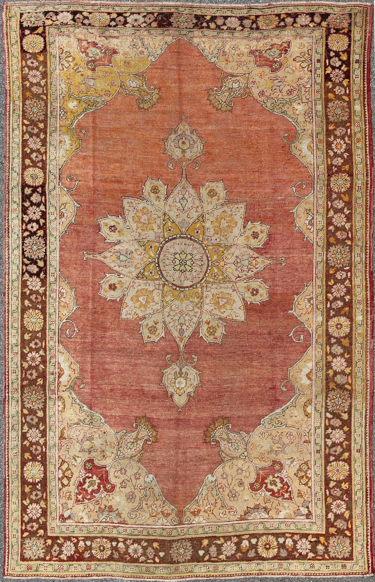 Antique Medallion Oushak Rug in Rose, Pale Green, Light Blue, Gold and Brown Antique Medallion Oushak Rug, Keivan Woven Arts/ rug /EL - 13072, country of origin / type: Turkey / Oushak, circa Early - 20th Century. Measures: 7'9'' x 11'8'' ... - Keivan Woven ArtsEL - 13072 - 693Rug