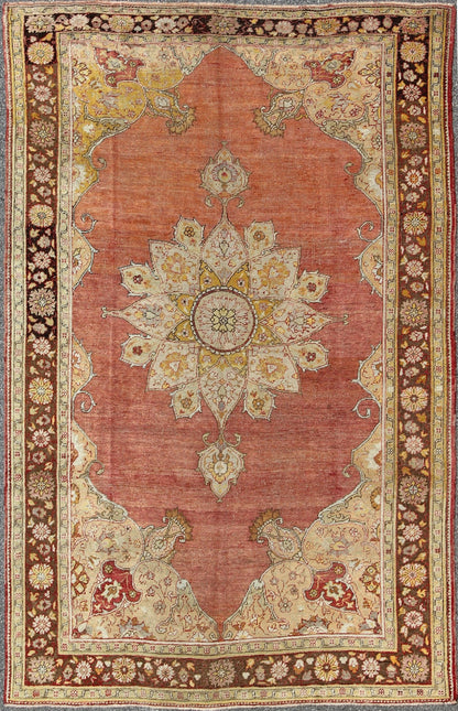 Antique Medallion Oushak Rug in Rose, Pale Green, Light Blue, Gold and Brown Antique Medallion Oushak Rug, Keivan Woven Arts/ rug /EL - 13072, country of origin / type: Turkey / Oushak, circa Early - 20th Century. Measures: 7'9'' x 11'8'' ... - Keivan Woven ArtsEL - 13072 - 693Rug