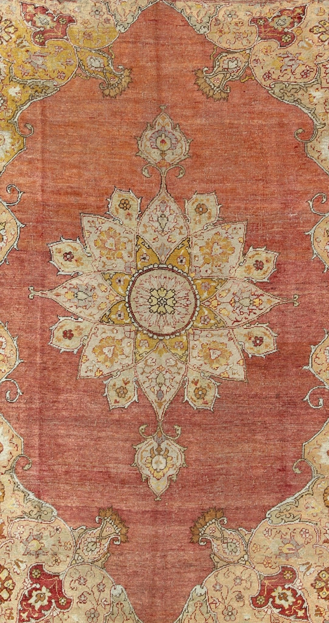 Antique Medallion Oushak Rug in Rose, Pale Green, Light Blue, Gold and Brown Antique Medallion Oushak Rug, Keivan Woven Arts/ rug /EL - 13072, country of origin / type: Turkey / Oushak, circa Early - 20th Century. Measures: 7'9'' x 11'8'' ... - Keivan Woven ArtsEL - 13072 - 693Rug