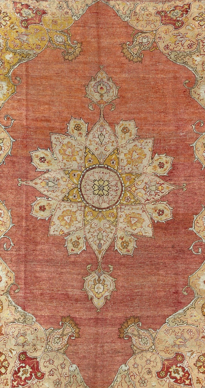 Antique Medallion Oushak Rug in Rose, Pale Green, Light Blue, Gold and Brown Antique Medallion Oushak Rug, Keivan Woven Arts/ rug /EL - 13072, country of origin / type: Turkey / Oushak, circa Early - 20th Century. Measures: 7'9'' x 11'8'' ... - Keivan Woven ArtsEL - 13072 - 693Rug