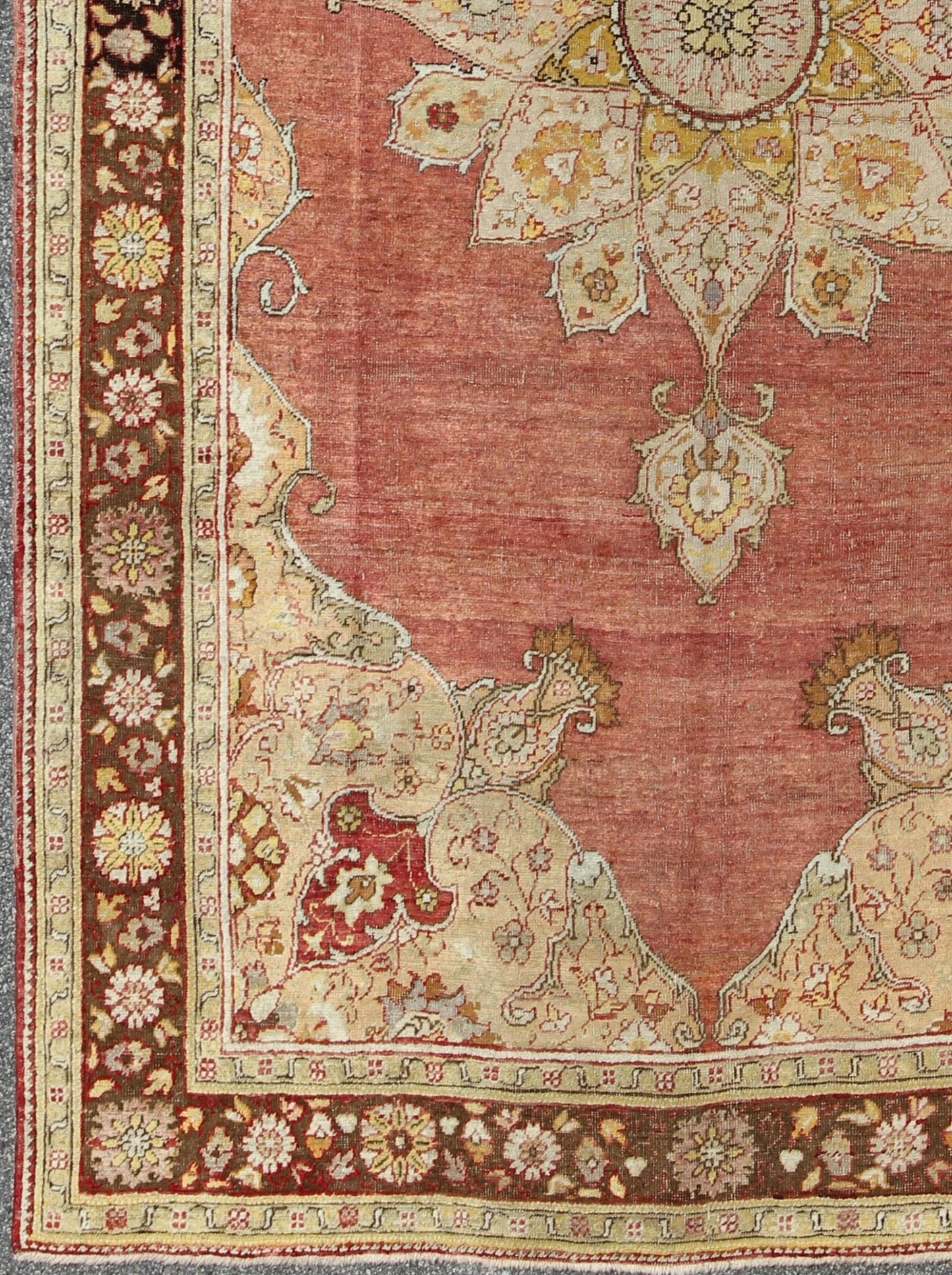 Antique Medallion Oushak Rug in Rose, Pale Green, Light Blue, Gold and Brown Antique Medallion Oushak Rug, Keivan Woven Arts/ rug /EL - 13072, country of origin / type: Turkey / Oushak, circa Early - 20th Century. Measures: 7'9'' x 11'8'' ... - Keivan Woven ArtsEL - 13072 - 693Rug