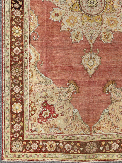 Antique Medallion Oushak Rug in Rose, Pale Green, Light Blue, Gold and Brown Antique Medallion Oushak Rug, Keivan Woven Arts/ rug /EL - 13072, country of origin / type: Turkey / Oushak, circa Early - 20th Century. Measures: 7'9'' x 11'8'' ... - Keivan Woven ArtsEL - 13072 - 693Rug