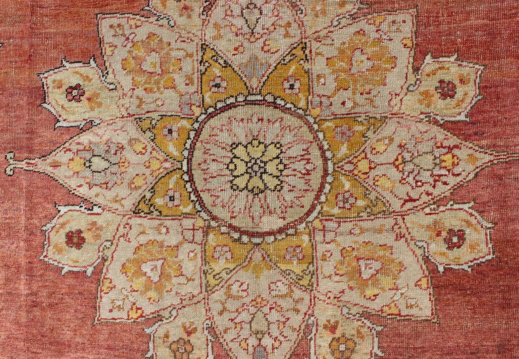 Antique Medallion Oushak Rug in Rose, Pale Green, Light Blue, Gold and Brown Antique Medallion Oushak Rug, Keivan Woven Arts/ rug /EL - 13072, country of origin / type: Turkey / Oushak, circa Early - 20th Century. Measures: 7'9'' x 11'8'' ... - Keivan Woven ArtsEL - 13072 - 693Rug
