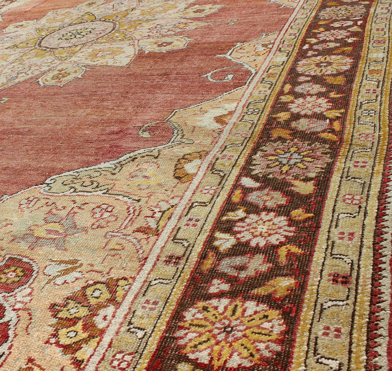 Antique Medallion Oushak Rug in Rose, Pale Green, Light Blue, Gold and Brown Antique Medallion Oushak Rug, Keivan Woven Arts/ rug /EL - 13072, country of origin / type: Turkey / Oushak, circa Early - 20th Century. Measures: 7'9'' x 11'8'' ... - Keivan Woven ArtsEL - 13072 - 693Rug
