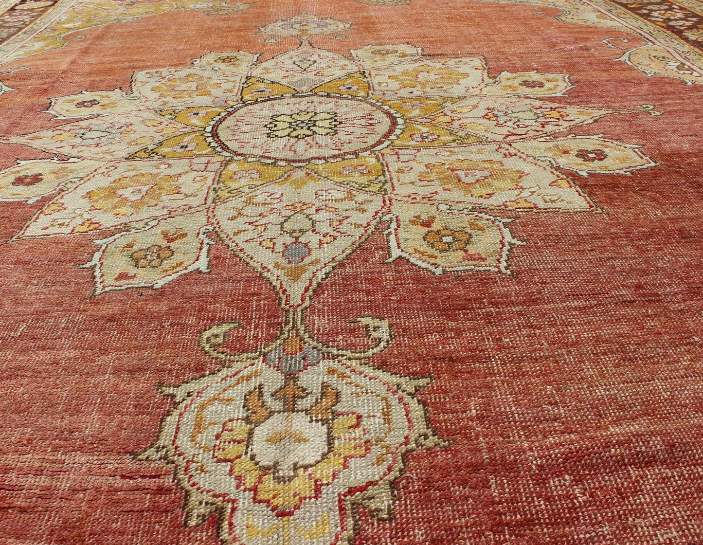 Antique Medallion Oushak Rug in Rose, Pale Green, Light Blue, Gold and Brown Antique Medallion Oushak Rug, Keivan Woven Arts/ rug /EL - 13072, country of origin / type: Turkey / Oushak, circa Early - 20th Century. Measures: 7'9'' x 11'8'' ... - Keivan Woven ArtsEL - 13072 - 693Rug