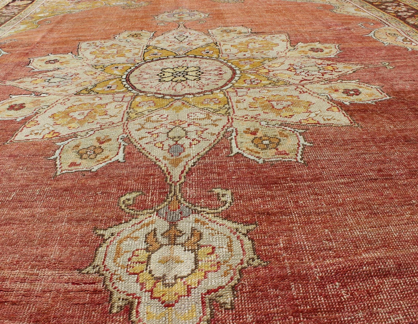 Antique Medallion Oushak Rug in Rose, Pale Green, Light Blue, Gold and Brown Antique Medallion Oushak Rug, Keivan Woven Arts/ rug /EL - 13072, country of origin / type: Turkey / Oushak, circa Early - 20th Century. Measures: 7'9'' x 11'8'' ... - Keivan Woven ArtsEL - 13072 - 693Rug