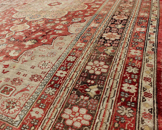 Antique Oushak Rug in Soft Red, Brown and Tan kwarugs Floral Medallion Turkish Oushak antique rug in red, brown and Tan rug el - 14703, country of origin / type: Turkey / Oushak, circa 1920 This stunning antique Turkish Oushak carpet (circa... - Keivan Woven ArtsEL - 14703 - 972Rug