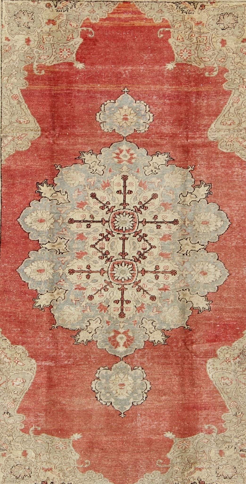 Classic Antique Sivas Rug Turkish in Medallion Design With Coral Red Field & Light Green Sub - Geometric Medallion Turkish Sivas antique rug with faded coral red field, rug el - 15351, country of origin / type: Turkey / Oushak, circa 1920. M... - Keivan Woven ArtsEL - 15351 - 800Rug