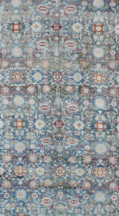 Colorful Large Antique Blue gray Background Persian Malayer Rug with All - Over Floral Pattern. Large antique blue background Persian Malayer rug with all - over floral pattern, kwarugs Keivan Woven Arts / EMA - 7500, country of origin / type: Iran / Ma... - Keivan Woven ArtsEMA - 7500 - 8821Rug
