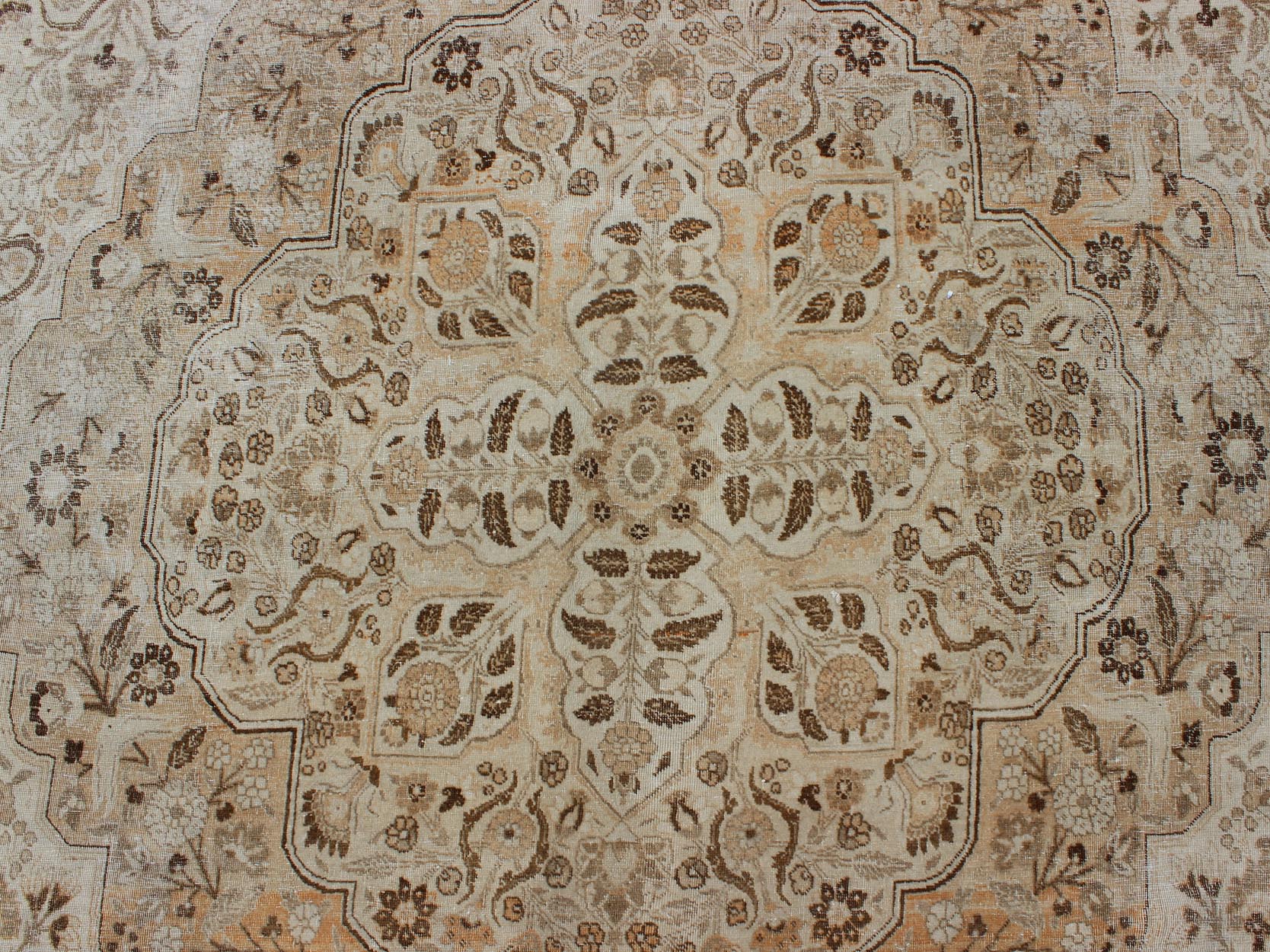 Antique Persian Tabriz Haji Jalili type rug with layered medallion in coral, gray, peach, taupe, cream. Keivan Woven Arts / EMA - 7510, country of origin / type: Iran / Tabriz, circa 1900 Measures: 11' x 16'8. This light colored antique Persian Ta... - Keivan Woven ArtsEMA - 7510 - 8831Rug