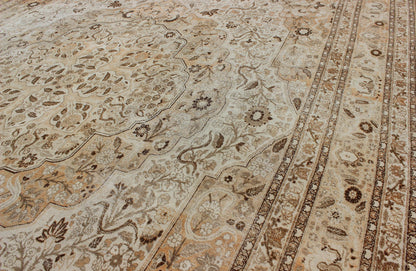 Antique Persian Tabriz Haji Jalili type rug with layered medallion in coral, gray, peach, taupe, cream. Keivan Woven Arts / EMA - 7510, country of origin / type: Iran / Tabriz, circa 1900 Measures: 11' x 16'8. This light colored antique Persian Ta... - Keivan Woven ArtsEMA - 7510 - 8831Rug
