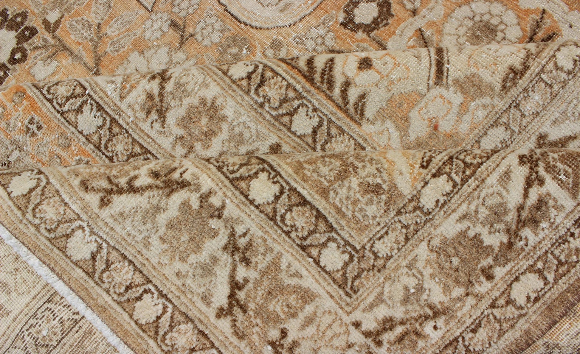 Antique Persian Tabriz Haji Jalili type rug with layered medallion in coral, gray, peach, taupe, cream. Keivan Woven Arts / EMA - 7510, country of origin / type: Iran / Tabriz, circa 1900 Measures: 11' x 16'8. This light colored antique Persian Ta... - Keivan Woven ArtsEMA - 7510 - 8831Rug