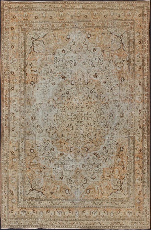 Antique Persian Tabriz Haji Jalili type rug with layered medallion in coral, gray, peach, taupe, cream. Keivan Woven Arts / EMA - 7510, country of origin / type: Iran / Tabriz, circa 1900 Measures: 11' x 16'8. This light colored antique Persian Ta... - Keivan Woven ArtsEMA - 7510 - 8831Rug