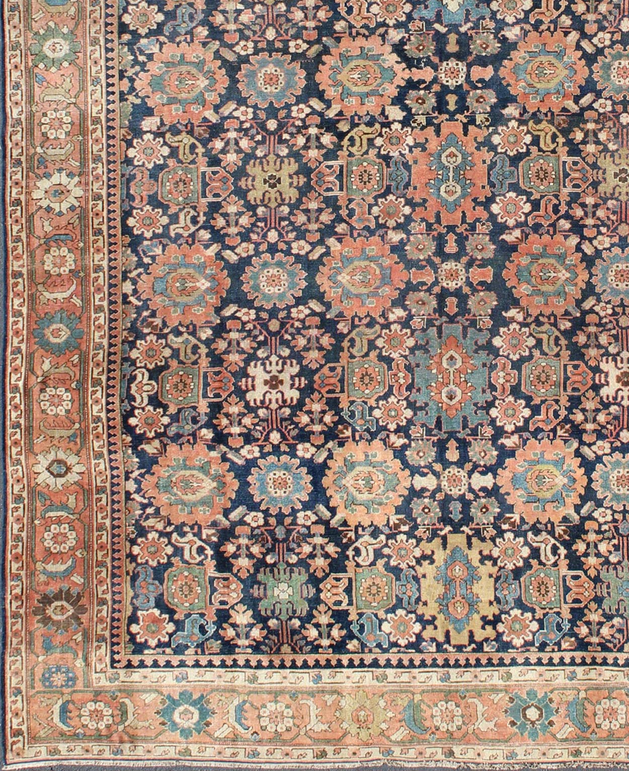 Very Large Antique Persian Hamedan Rug with Blossom Design in Blue Background. Mansion size antique Persian Hamedan rug in large scale sub geometric blossom design, rug EMA - 7511, country of origin / type: Iran / Hamedan, circa 1900. Measu... - Keivan Woven ArtsEMA - 7511 - 8837Rug