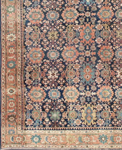 Very Large Antique Persian Hamedan Rug with Blossom Design in Blue Background. Mansion size antique Persian Hamedan rug in large scale sub geometric blossom design, rug EMA - 7511, country of origin / type: Iran / Hamedan, circa 1900. Measu... - Keivan Woven ArtsEMA - 7511 - 8837Rug