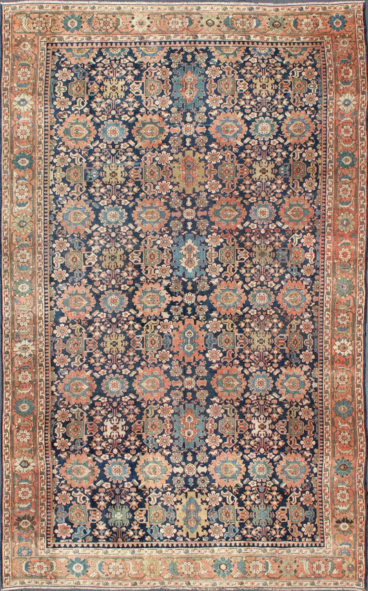 Very Large Antique Persian Hamedan Rug with Blossom Design in Blue Background. Mansion size antique Persian Hamedan rug in large scale sub geometric blossom design, rug EMA - 7511, country of origin / type: Iran / Hamedan, circa 1900. Measu... - Keivan Woven ArtsEMA - 7511 - 8837Rug