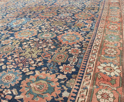 Very Large Antique Persian Hamedan Rug with Blossom Design in Blue Background. Mansion size antique Persian Hamedan rug in large scale sub geometric blossom design, rug EMA - 7511, country of origin / type: Iran / Hamedan, circa 1900. Measu... - Keivan Woven ArtsEMA - 7511 - 8837Rug