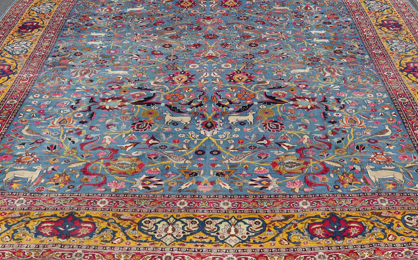 Antique Persian Tehran rug in beautiful Persianblue and saffron yellow. Keivan Woven Arts / rug EMA - 7515, country of origin / type: Iran / Tehran, circa 1920. Unique Persian Tehran rug. Colorful Persian Tehran in blue with floral design. Measures... - Keivan Woven ArtsEMA - 7515 - 8611Rug
