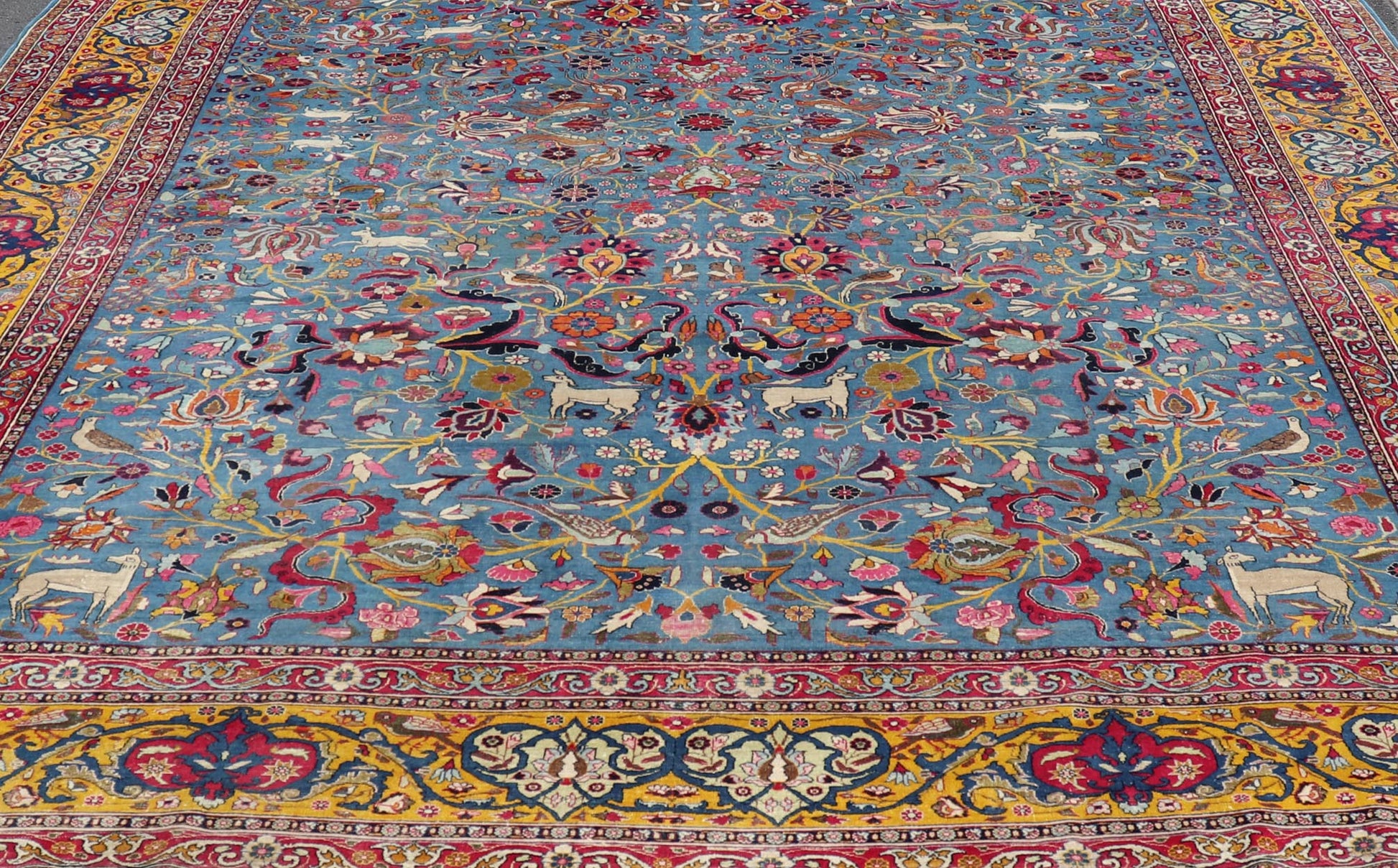 Antique Persian Tehran rug in beautiful Persianblue and saffron yellow. Keivan Woven Arts / rug EMA - 7515, country of origin / type: Iran / Tehran, circa 1920. Unique Persian Tehran rug. Colorful Persian Tehran in blue with floral design. Measures... - Keivan Woven ArtsEMA - 7515 - 8611Rug