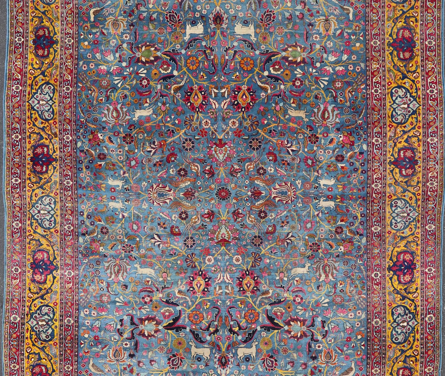 Antique Persian Tehran rug in beautiful Persianblue and saffron yellow. Keivan Woven Arts / rug EMA - 7515, country of origin / type: Iran / Tehran, circa 1920. Unique Persian Tehran rug. Colorful Persian Tehran in blue with floral design. Measures... - Keivan Woven ArtsEMA - 7515 - 8611Rug