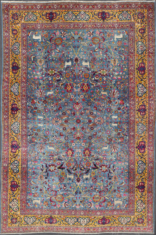 Antique Persian Tehran rug in beautiful Persianblue and saffron yellow. Keivan Woven Arts / rug EMA - 7515, country of origin / type: Iran / Tehran, circa 1920. Unique Persian Tehran rug. Colorful Persian Tehran in blue with floral design. Measures... - Keivan Woven ArtsEMA - 7515 - 8611Rug