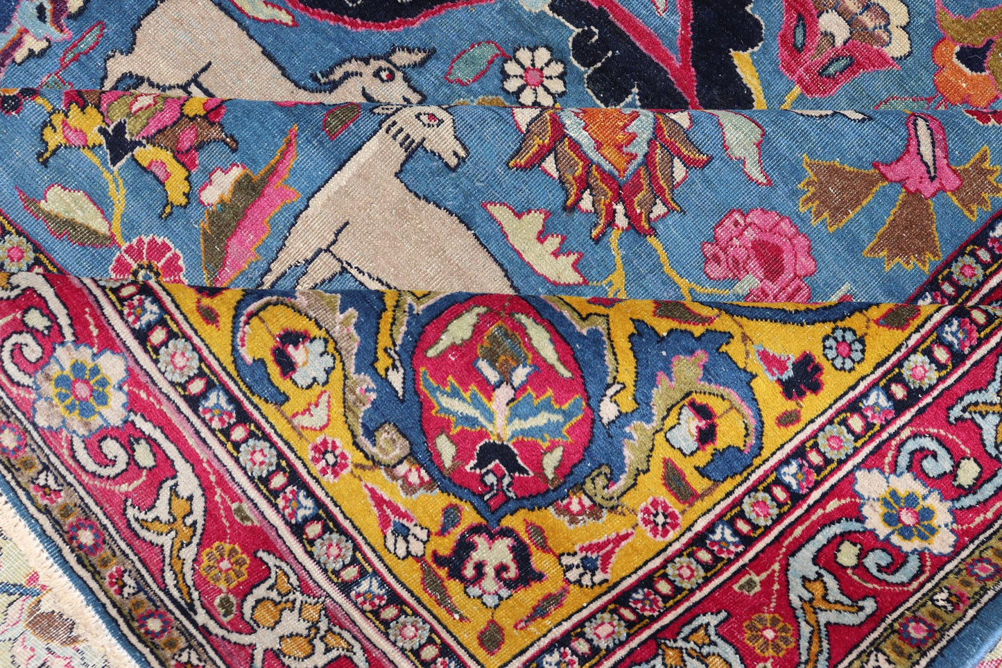 Antique Persian Tehran rug in beautiful Persianblue and saffron yellow. Keivan Woven Arts / rug EMA - 7515, country of origin / type: Iran / Tehran, circa 1920. Unique Persian Tehran rug. Colorful Persian Tehran in blue with floral design. Measures... - Keivan Woven ArtsEMA - 7515 - 8611Rug