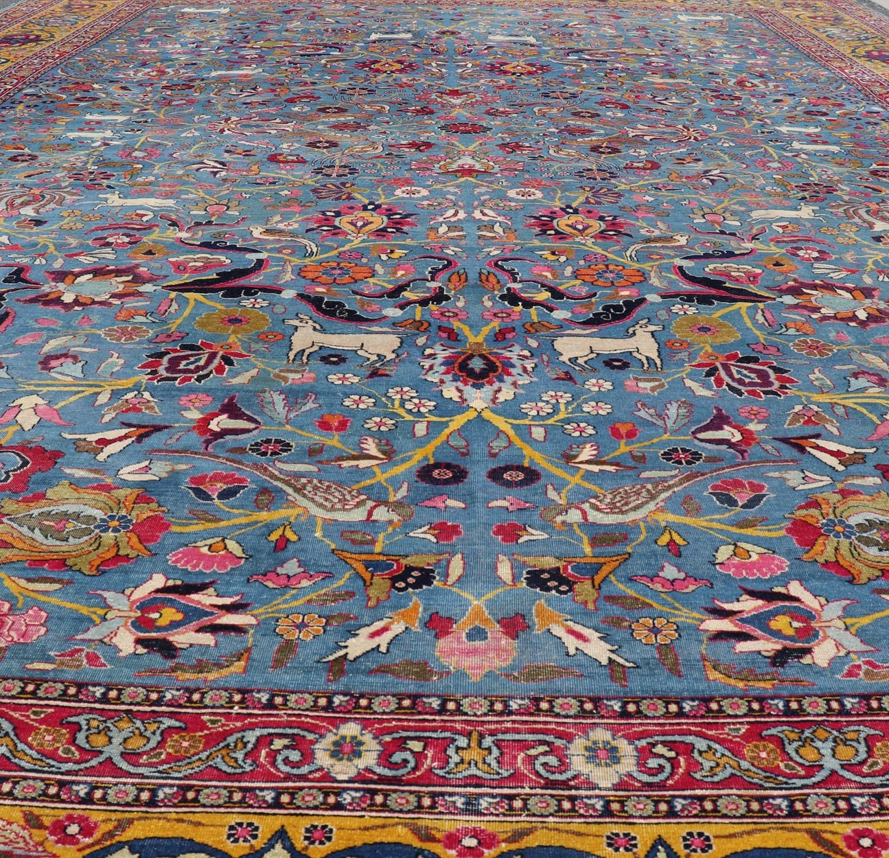 Antique Persian Tehran rug in beautiful Persianblue and saffron yellow. Keivan Woven Arts / rug EMA - 7515, country of origin / type: Iran / Tehran, circa 1920. Unique Persian Tehran rug. Colorful Persian Tehran in blue with floral design. Measures... - Keivan Woven ArtsEMA - 7515 - 8611Rug