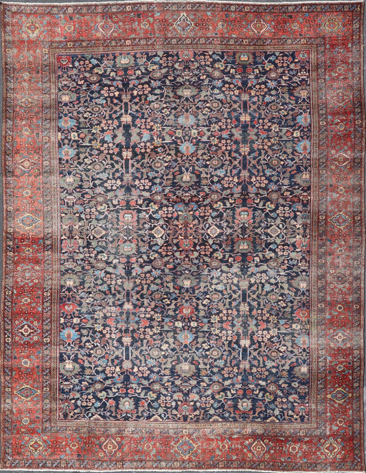 Oversized Fine Weave Antique Persian Sultanabad with Distressed All - Over Design. Extra wide oversize antique Persian distressed Sultanabad rug , kwarugs / EMA - 7516, country of origin / type: Iran / Farahan, circa 1890. Measures: 14'3 x 18... - Keivan Woven ArtsEMA - 7516 - 8879Rug