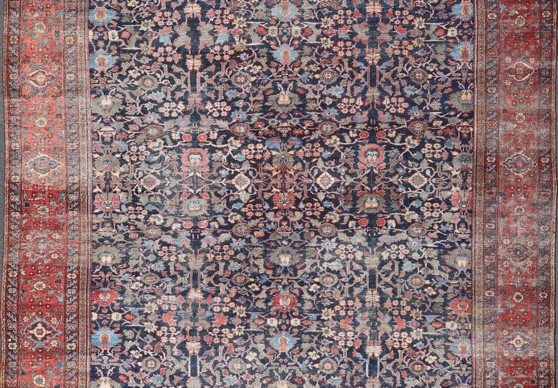 Oversized Fine Weave Antique Persian Sultanabad with Distressed All - Over Design. Extra wide oversize antique Persian distressed Sultanabad rug , kwarugs / EMA - 7516, country of origin / type: Iran / Farahan, circa 1890. Measures: 14'3 x 18... - Keivan Woven ArtsEMA - 7516 - 8879Rug