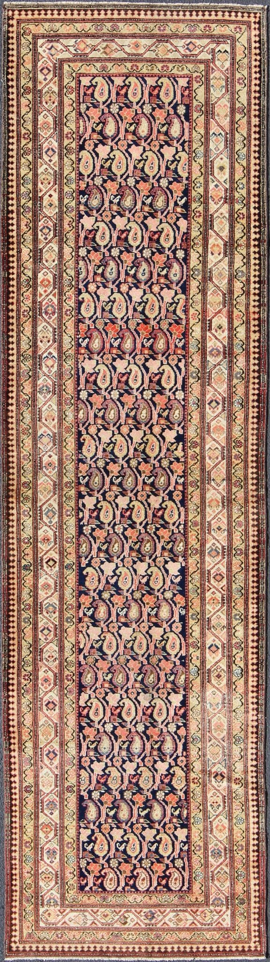 Paisley Design Antique Persian Malayer Runner in Dark and Light Tones Onyx, Nude, and Peach Malayer Runner Antique from Persia with All - Over Paisley Motifs, rug ema - 7519, country of origin / type: Iran / Malayer, circa 1910 This antique P... - Keivan Woven ArtsEMA - 7519 - 8996Rug