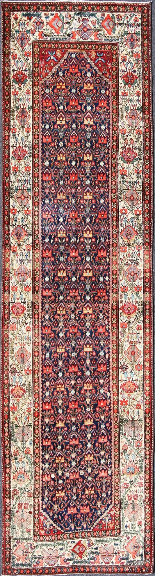 Jewel - Toned Antique Persian Malayer Runner with All - Over Geometric Design Red, Blue, Ivory, Peach, and Mint Persian Antique Malayer Runner with Geometric Floral Design, rug ema - 7521, country of origin / type: Iran / Malayer, circa 1920 Th... - Keivan Woven ArtsEMA - 7521 - 9000Rug