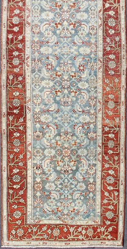 Long Runner in Blue and Red Antique Persian Malayer with All - Over Floral Design kwarugs Antique long runner Persian Malayer with all - over intricate floral design in red and blue tones, rug ema - 7523, country of origin / type: Iran / Malayer, circ... - Keivan Woven ArtsEMA - 7523 - 9004Rug