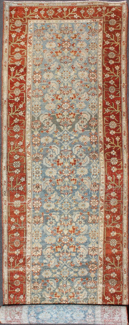 Long Runner in Blue and Red Antique Persian Malayer with All - Over Floral Design kwarugs Antique long runner Persian Malayer with all - over intricate floral design in red and blue tones, rug ema - 7523, country of origin / type: Iran / Malayer, circ... - Keivan Woven ArtsEMA - 7523 - 9004