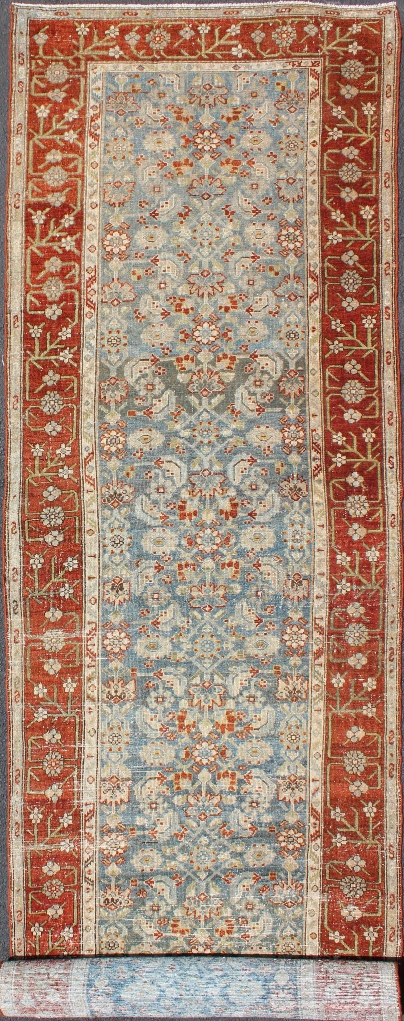 Long Runner in Blue and Red Antique Persian Malayer with All - Over Floral Design kwarugs Antique long runner Persian Malayer with all - over intricate floral design in red and blue tones, rug ema - 7523, country of origin / type: Iran / Malayer, circ... - Keivan Woven ArtsEMA - 7523 - 9004Rug