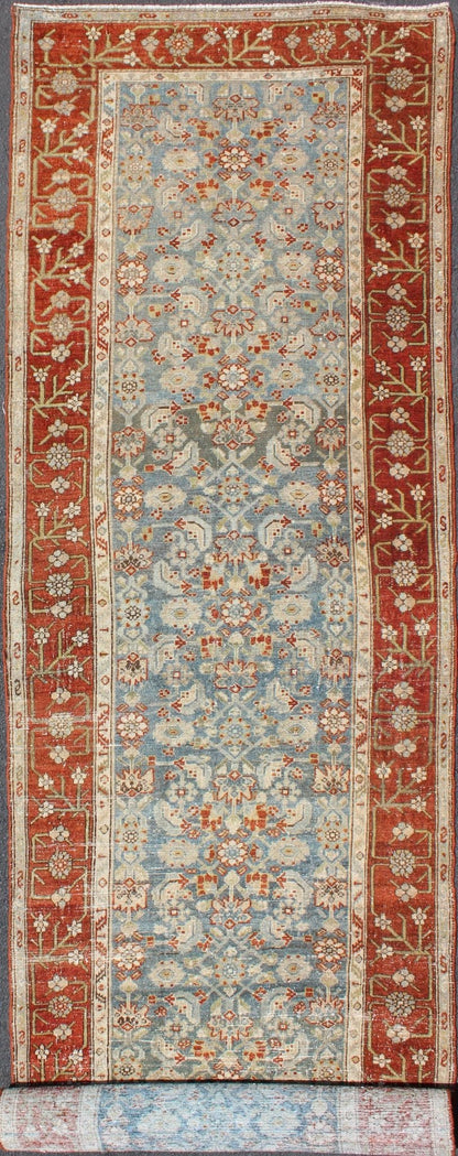 Long Runner in Blue and Red Antique Persian Malayer with All - Over Floral Design kwarugs Antique long runner Persian Malayer with all - over intricate floral design in red and blue tones, rug ema - 7523, country of origin / type: Iran / Malayer, circ... - Keivan Woven ArtsEMA - 7523 - 9004Rug