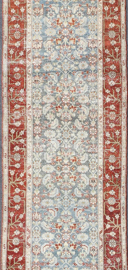 Long Runner in Blue and Red Antique Persian Malayer with All - Over Floral Design kwarugs Antique long runner Persian Malayer with all - over intricate floral design in red and blue tones, rug ema - 7523, country of origin / type: Iran / Malayer, circ... - Keivan Woven ArtsEMA - 7523 - 9004Rug