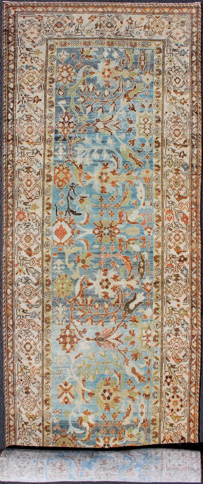 Intricate Floral Design Antique Persian Malayer Runner in Blue, Ivory, Peach Malayer Persian Antique Runner with All - Over Floral Design in Multi - colors, rug ema - 7530, country of origin / type: Iran / Malayer, circa 1900 This antique Persi... - Keivan Woven ArtsEMA - 7530 - 9342Rug