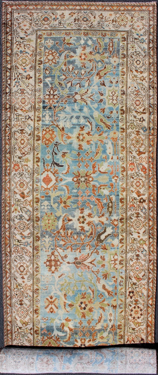Intricate Floral Design Antique Persian Malayer Runner in Blue, Ivory, Peach Malayer Persian Antique Runner with All - Over Floral Design in Multi - colors, rug ema - 7530, country of origin / type: Iran / Malayer, circa 1900 This antique Persi... - Keivan Woven ArtsEMA - 7530 - 9342Rug