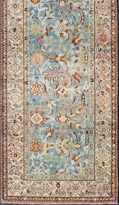 Intricate Floral Design Antique Persian Malayer Runner in Blue, Ivory, Peach Malayer Persian Antique Runner with All - Over Floral Design in Multi - colors, rug ema - 7530, country of origin / type: Iran / Malayer, circa 1900 This antique Persi... - Keivan Woven ArtsEMA - 7530 - 9342Rug