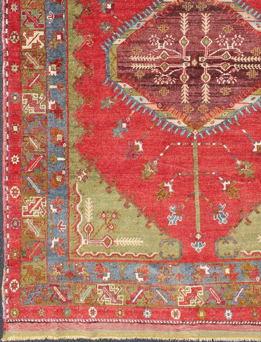 Antique Turkish Medallion Oushak Rug in Red, Green and Blue. Green, blue and red tribal medallion design antique Oushak rug from 1930's Turkey, Keivan Woven Arts / rug#EMA - 7531, country of origin / type: Turkey / Oushak, circa 1930. Mea... - Keivan Woven ArtsEMA - 7531 - 9346Rug