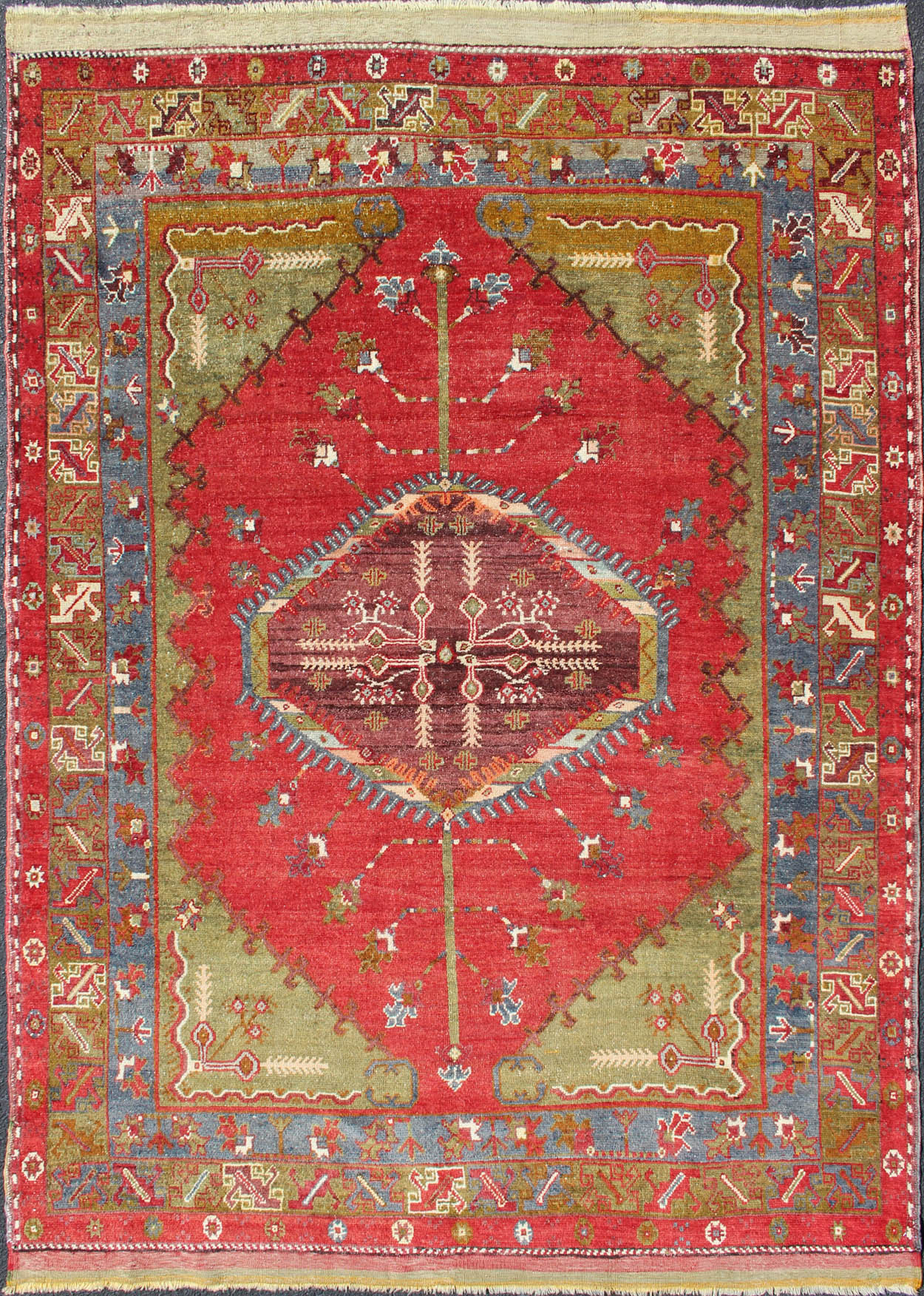 Antique Turkish Medallion Oushak Rug in Red, Green and Blue. Green, blue and red tribal medallion design antique Oushak rug from 1930's Turkey, Keivan Woven Arts / rug#EMA - 7531, country of origin / type: Turkey / Oushak, circa 1930. Mea... - Keivan Woven ArtsEMA - 7531 - 9346Rug