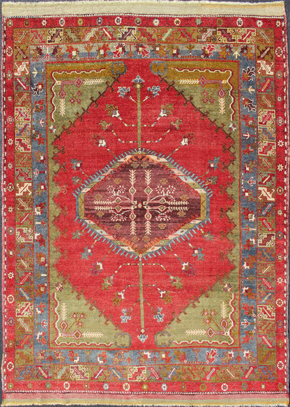 Antique Turkish Medallion Oushak Rug in Red, Green and Blue. Green, blue and red tribal medallion design antique Oushak rug from 1930's Turkey, Keivan Woven Arts / rug#EMA - 7531, country of origin / type: Turkey / Oushak, circa 1930. Mea... - Keivan Woven ArtsEMA - 7531 - 9346Rug
